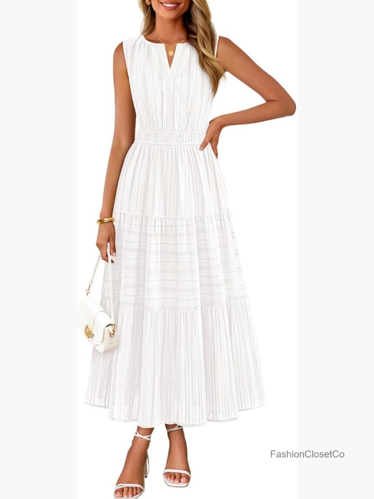 Boho V Neck Sleeveless Midi Maxi Dress With Pockets Cotton Tiered Vacation